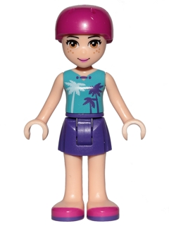 Mia, Dark Purple Skirt, Medium Azure Top with Palm Trees, Helmet